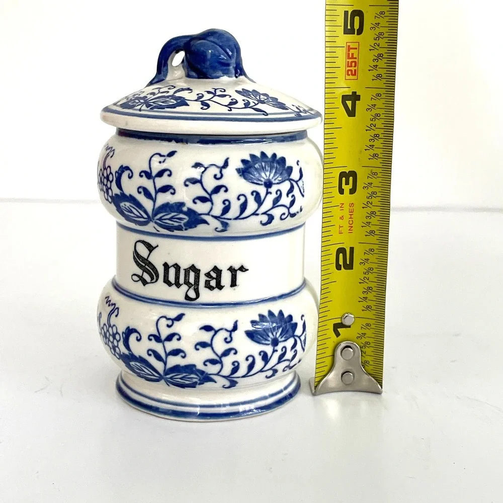 Vintage Blue and White Onion Pattern Ceramic Sugar Canister with Lid